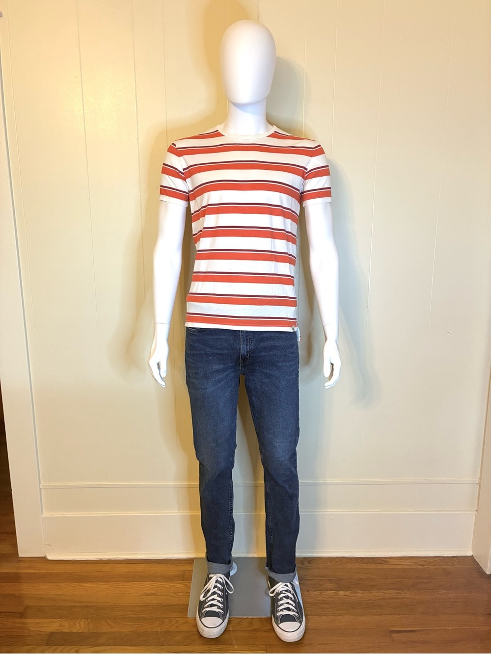 Men’s American Eagle Red & White Striped Short Sleeve T-Shirt